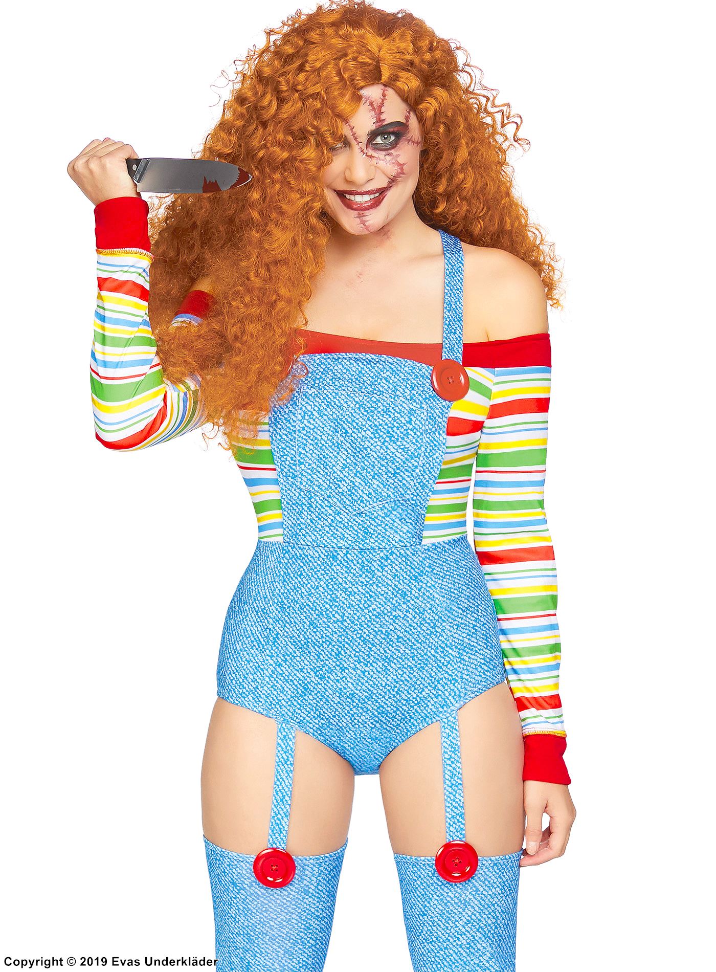 Kvinnlig Chucky från Den onda dockan, maskerad-teddy med öppna axlar och knappar, färgrika ränder